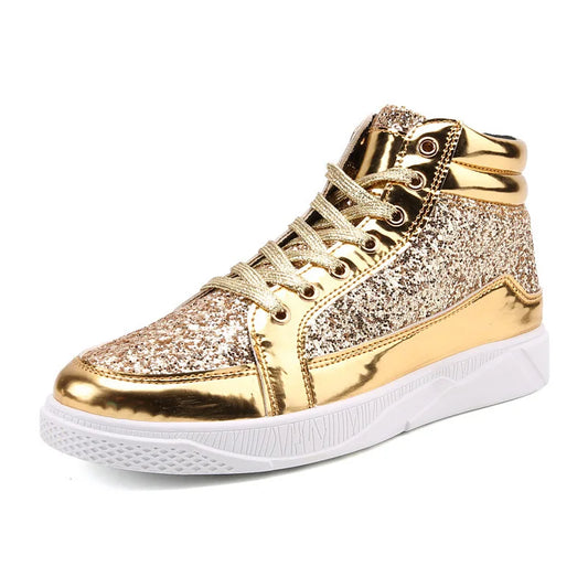 2022 Fashion Men’s High-Top Sneakers – Gold Glitter Streetwear Hip Hop Ankle Boots