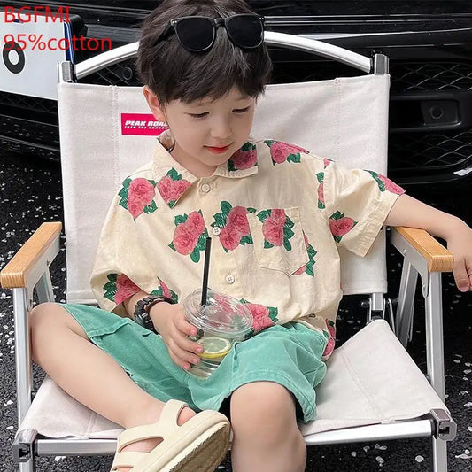 2-9Y Boys Pure Cotton Shirt and Green Shorts 2-piece Summer Shirt Short Sleeved Shorts Set 2025 Baby Boy Beach Vacation Clothes