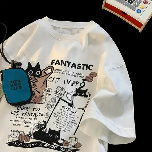 New Men & Women Oversized Korean Version Cartoon Cat Group Printed T-Shirt