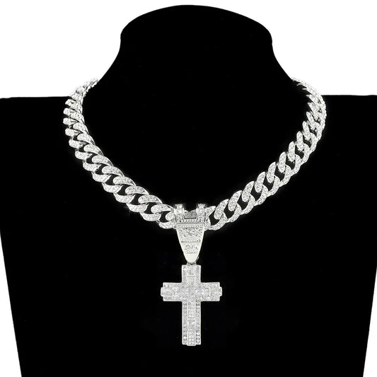 Men & Women Shiny Cross Pendant Necklace with Miami Cuban Chain Link